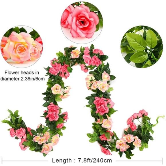 Artificial Rose Garland Vines Pink Flowers Hanging Silk Rose Vine, Pink-a - Picture 3 of 6